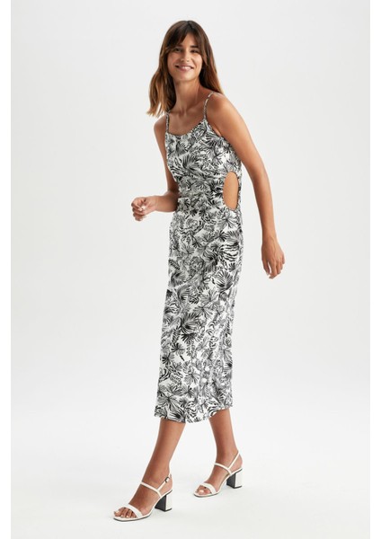 Slim Fit Tropikal Desenli Keten Karışımlı Midi Askılı Elbise X6662AZ22SM