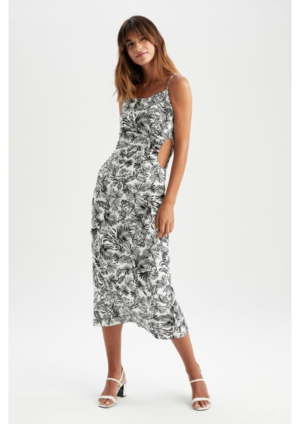 Slim Fit Tropikal Desenli Keten Karışımlı Midi Askılı Elbise X6662AZ22SM modelleri