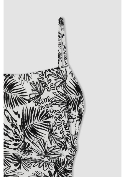 Slim Fit Tropikal Desenli Keten Karışımlı Midi Askılı Elbise X6662AZ22SM