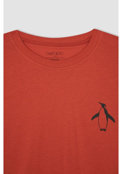 Boxy Fit Bisiklet Yaka Baskılı Pamuklu Penye Tişört X5823AZ22SM