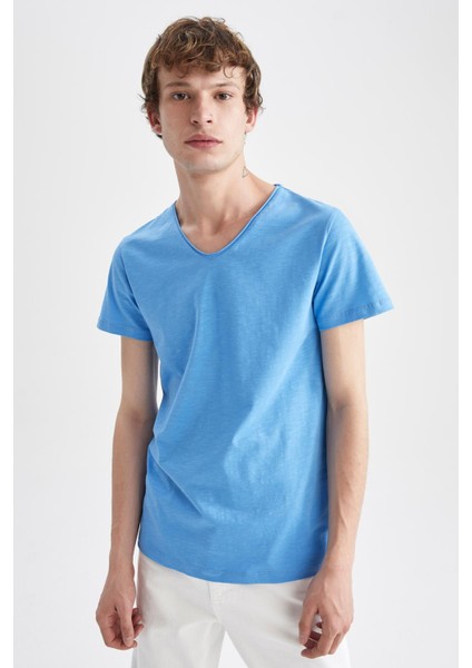 Slim Fit V Yaka Basic Kısa Kollu %100 Pamuk Tişört M4791AZ22SP