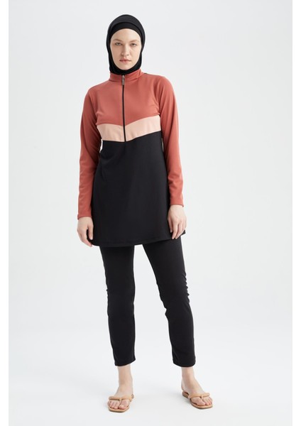 Regular Fit Renk Bloklu Yarım Fermuarlı 4'lü Burkini X3390AZ22HS
