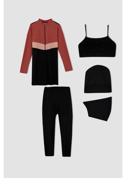 Regular Fit Renk Bloklu Yarım Fermuarlı 4'lü Burkini X3390AZ22HS