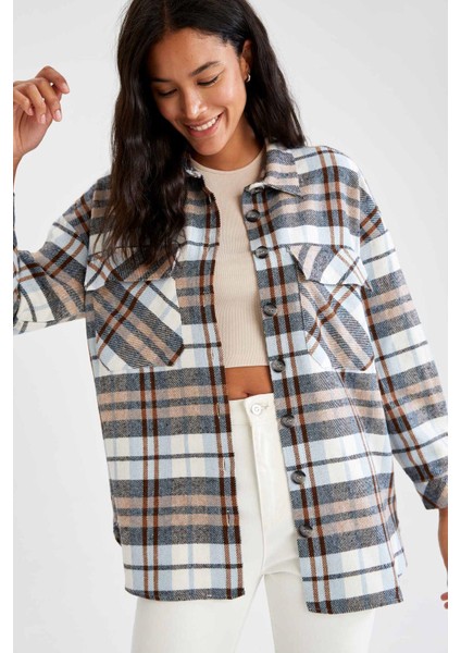 Relax Fit Ekose Desenli Cep Detaylı Geri Dönüşümlü Flanel Oduncu Gömlek Tunik S0420AZ21WN