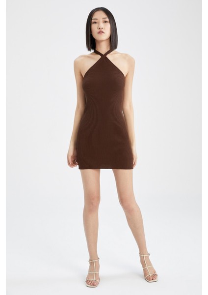 Fitted Halter Yaka Kolsuz Mini Örgü Triko Elbise X7131AZ22SP modelleri