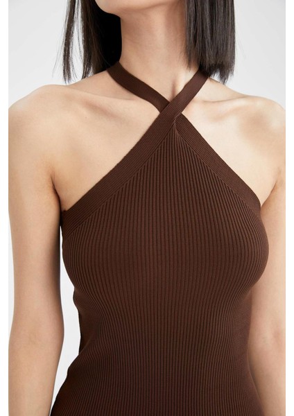 Fitted Halter Yaka Kolsuz Mini Örgü Triko Elbise X7131AZ22SP