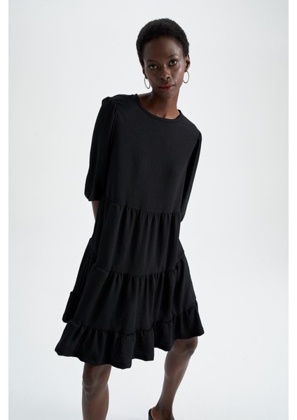 Bisiklet Yaka Basic Yarım Balon Kollu Gofre Dokulu Elbise Y7042AZ22HS