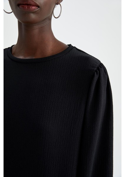 Bisiklet Yaka Basic Yarım Balon Kollu Gofre Dokulu Elbise Y7042AZ22HS indirimleri