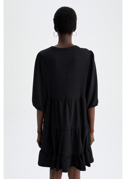 Bisiklet Yaka Basic Yarım Balon Kollu Gofre Dokulu Elbise Y7042AZ22HS