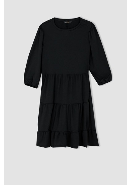 Bisiklet Yaka Basic Yarım Balon Kollu Gofre Dokulu Elbise Y7042AZ22HS