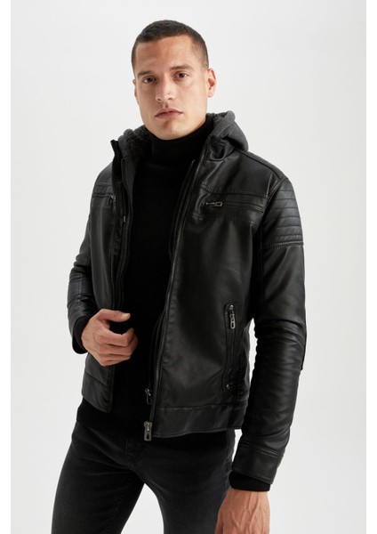 Slim Fit Kapüşonlu İçi Yumuşak Tüylü Suni Deri Mont N9693AZ22WN