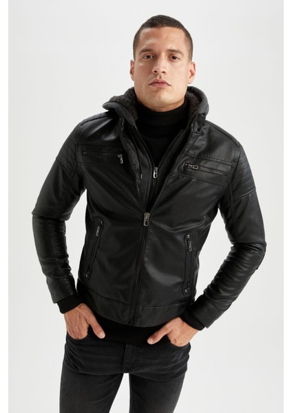 Slim Fit Kapüşonlu İçi Yumuşak Tüylü Suni Deri Mont N9693AZ22WN