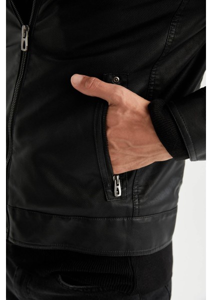 Slim Fit Kapüşonlu İçi Yumuşak Tüylü Suni Deri Mont N9693AZ22WN