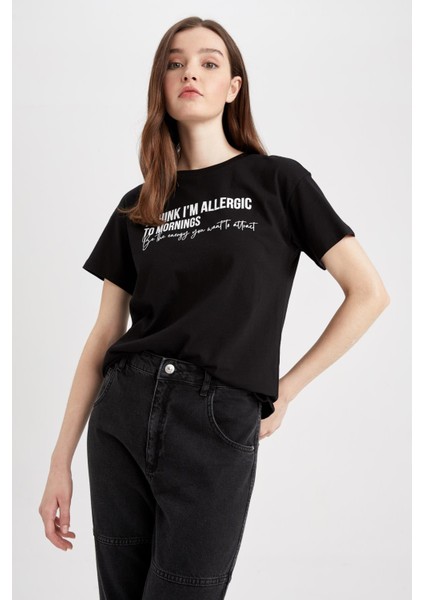 Regular Fit Bisiklet Yaka Baskılı Kısa Kollu %100 Pamuk Tişört Z0591AZ23SM