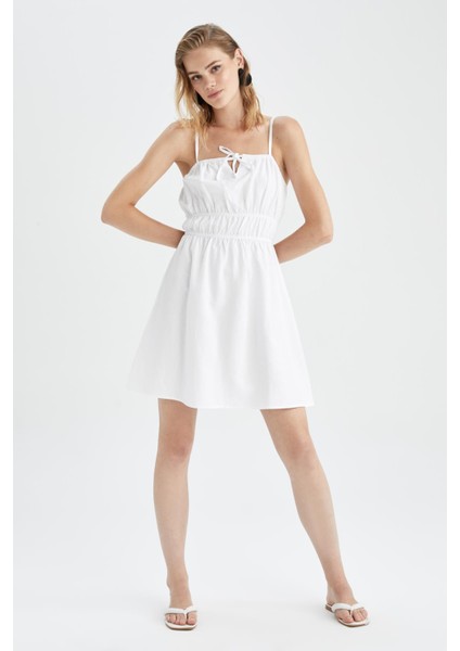 A Kesim Askılı Keten Karışımlı Beyaz Mini Elbise Y7717AZ22HS indirimleri