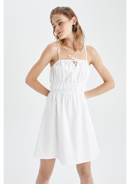 A Kesim Askılı Keten Karışımlı Beyaz Mini Elbise Y7717AZ22HS