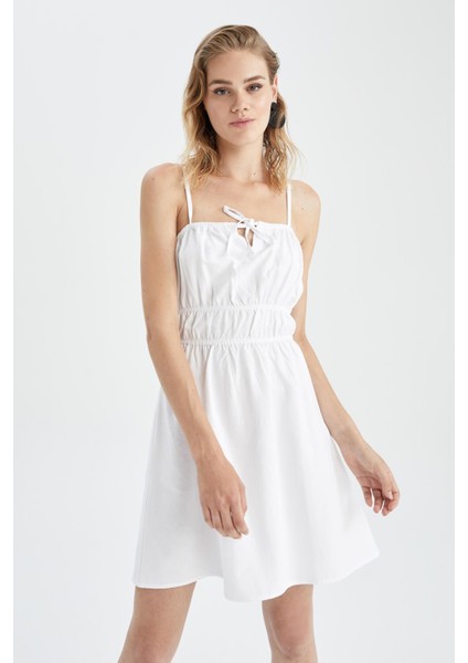 A Kesim Askılı Keten Karışımlı Beyaz Mini Elbise Y7717AZ22HS
