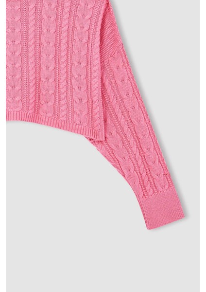 Coool Relax Fit Örgü Desenli Kayık Yaka Crop Triko Kazak T4518AZ22AU