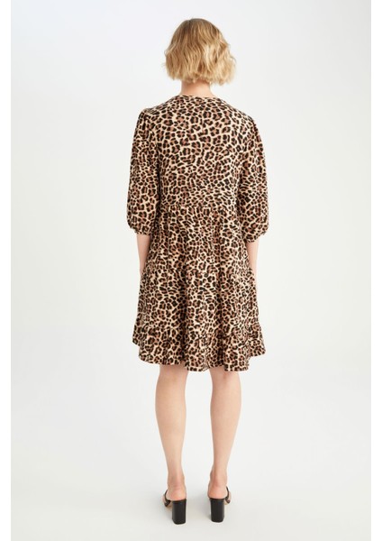 Bisiklet Yaka Leopar Desenli Gofre Dokulu Mini Balon Kollu Elbise Y7044AZ22HS