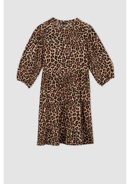 Bisiklet Yaka Leopar Desenli Gofre Dokulu Mini Balon Kollu Elbise Y7044AZ22HS