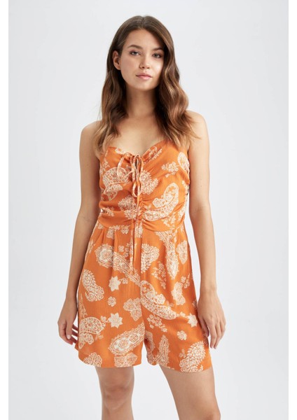 Straight Fit Kare Yaka Etnik Desenli Krinkıl Kumaş Askılı Mini Tulum Y0984AZ22SM