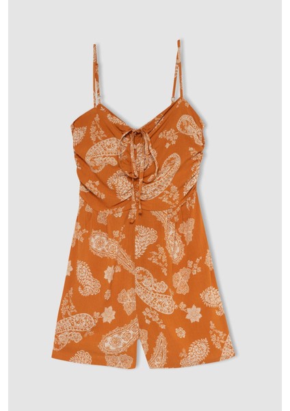 Straight Fit Kare Yaka Etnik Desenli Krinkıl Kumaş Askılı Mini Tulum Y0984AZ22SM fırsatları