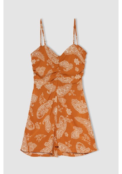 Straight Fit Kare Yaka Etnik Desenli Krinkıl Kumaş Askılı Mini Tulum Y0984AZ22SM