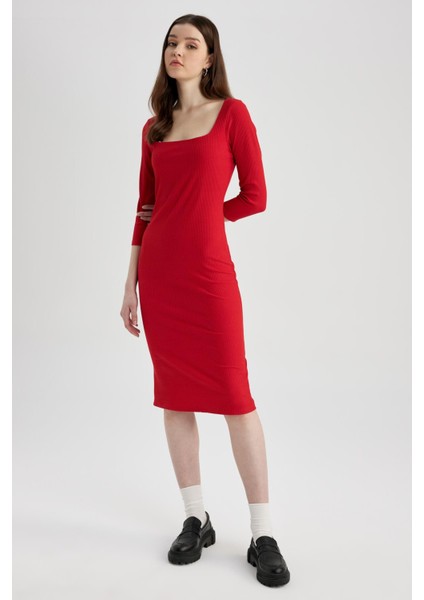 Bodycon Kare Yaka Uzun Kollu Fitilli Kaşkorse Kırmızı Midi Elbise Z5267AZ23SP