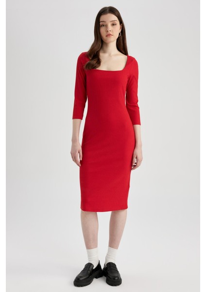 Bodycon Kare Yaka Uzun Kollu Fitilli Kaşkorse Kırmızı Midi Elbise Z5267AZ23SP fiyatları