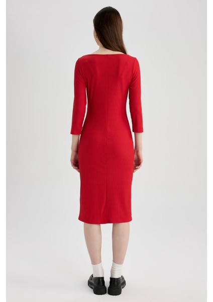 Bodycon Kare Yaka Uzun Kollu Fitilli Kaşkorse Kırmızı Midi Elbise Z5267AZ23SP indirimleri