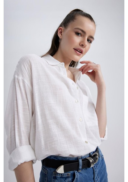 Oversize Fit Keten Görünümlü Uzun Kollu Gömlek X2232AZ23SP fırsatları