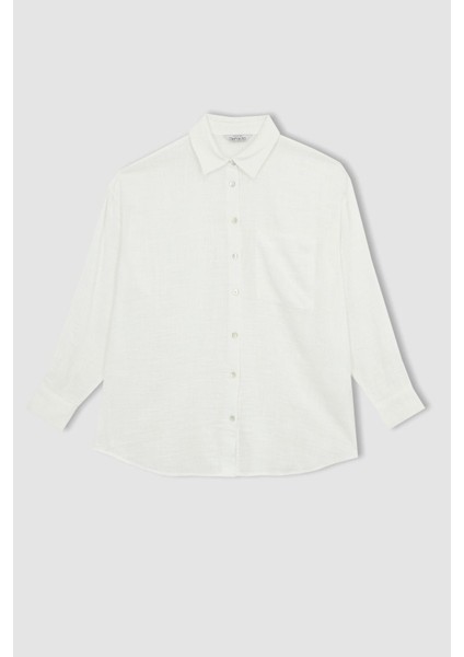 Oversize Fit Keten Görünümlü Uzun Kollu Gömlek X2232AZ23SP