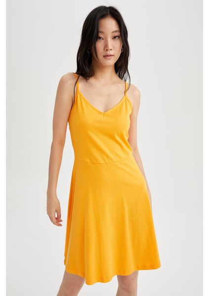 Fitted V Yaka Askılı Mini Yazlık %100 Pamuk Elbise W7171AZ22HS