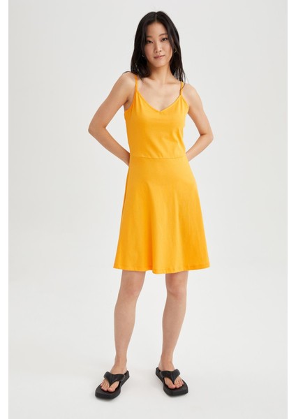 Fitted V Yaka Askılı Mini Yazlık %100 Pamuk Elbise W7171AZ22HS fiyatları