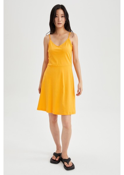 Fitted V Yaka Askılı Mini Yazlık %100 Pamuk Elbise W7171AZ22HS modelleri