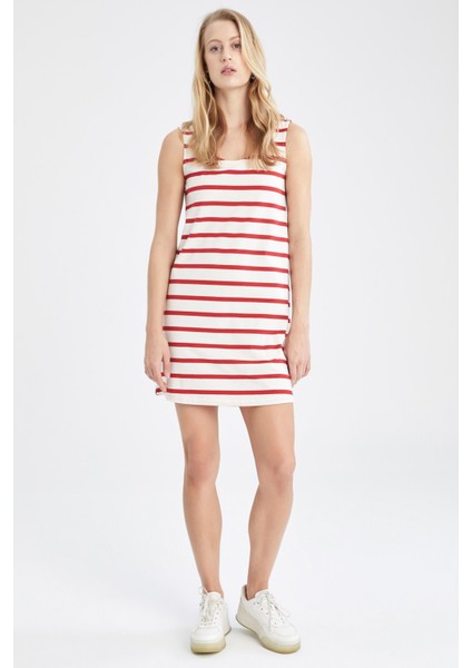 A Kesim U Yakası Çizgili Kalın Askılı Mini Elbise W9587AZ22HS