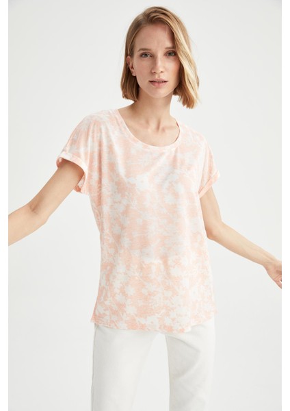 Traditional Çiçekli Relax Fit Yarasa Kollu Tişört W3258AZ21HS