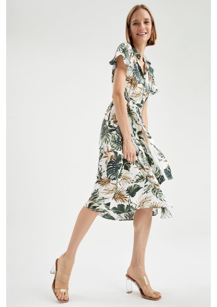 Relax Fit Tropik Desenli Kuşak Detaylı Kısa Kollu Gömlek Elbise W3693AZ21HS