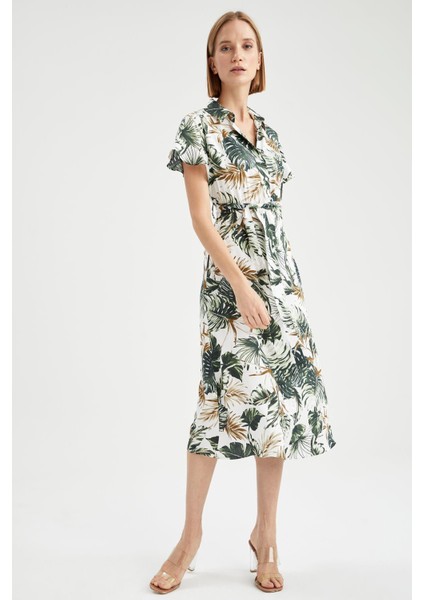 Relax Fit Tropik Desenli Kuşak Detaylı Kısa Kollu Gömlek Elbise W3693AZ21HS fiyatları