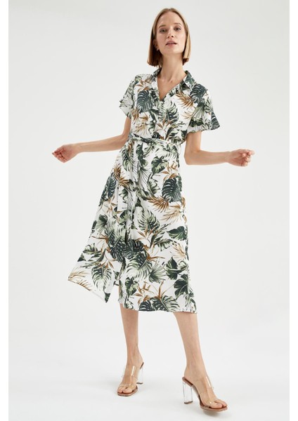 Relax Fit Tropik Desenli Kuşak Detaylı Kısa Kollu Gömlek Elbise W3693AZ21HS modelleri