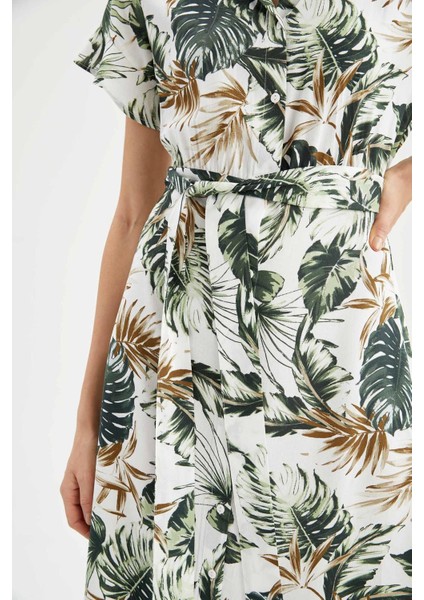 Relax Fit Tropik Desenli Kuşak Detaylı Kısa Kollu Gömlek Elbise W3693AZ21HS fırsatları