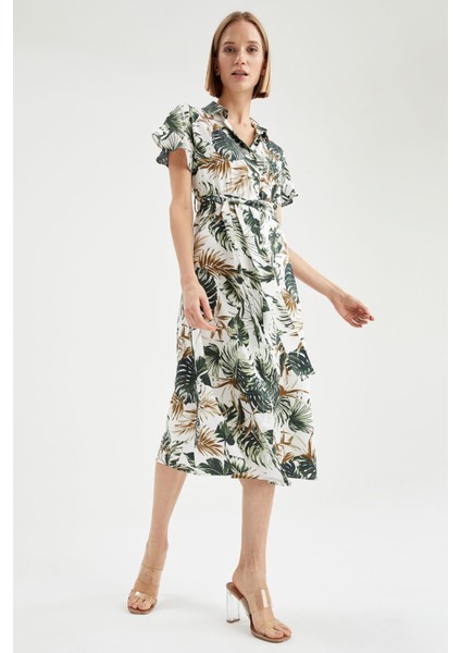 Relax Fit Tropik Desenli Kuşak Detaylı Kısa Kollu Gömlek Elbise W3693AZ21HS indirimleri