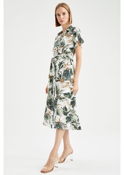 Relax Fit Tropik Desenli Kuşak Detaylı Kısa Kollu Gömlek Elbise W3693AZ21HS