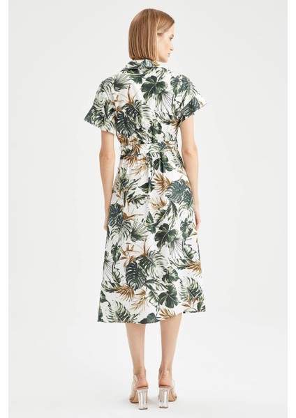 Relax Fit Tropik Desenli Kuşak Detaylı Kısa Kollu Gömlek Elbise W3693AZ21HS