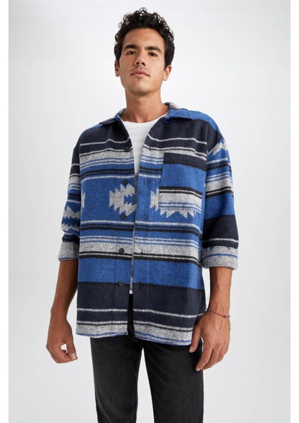 Oversize Fit Etnik Desenli Oduncu Uzun Kollu Gömlek Y2043AZ22AU