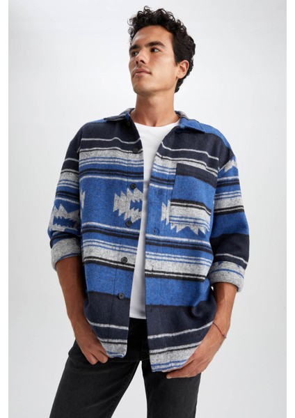 Oversize Fit Etnik Desenli Oduncu Uzun Kollu Gömlek Y2043AZ22AU modelleri