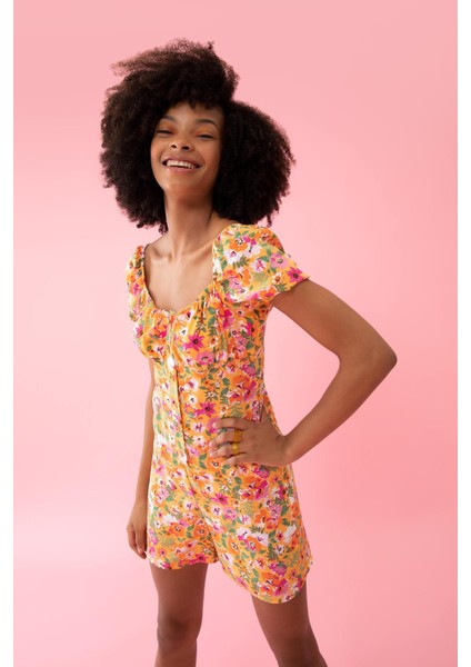 Çiçekli Kalp Yaka Relax Fit Sürdürülebilir Mini TULUM U6852AZ22SM fırsatları