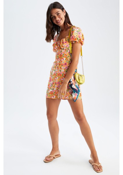 Çiçekli Kalp Yaka Relax Fit Sürdürülebilir Mini TULUM U6852AZ22SM