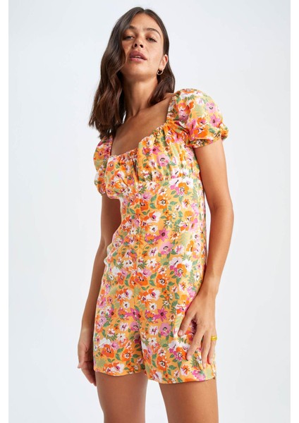 Çiçekli Kalp Yaka Relax Fit Sürdürülebilir Mini TULUM U6852AZ22SM