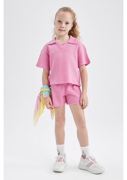 Kız Çocuk Polo Yaka Waffle Kısa Kollu Tişört Şort 2'li Takım Y7069A622HS